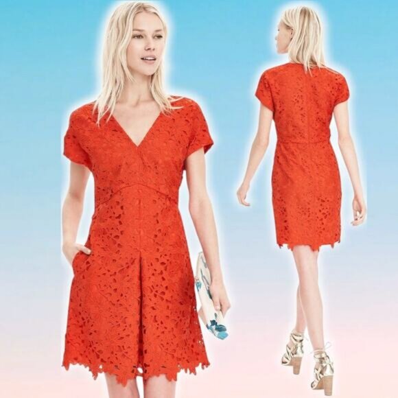 BANANA REPUBLIC Short Sleeve Lace V-Neck Dress Size 0 PETITE Geo Red - Picture 1 of 8